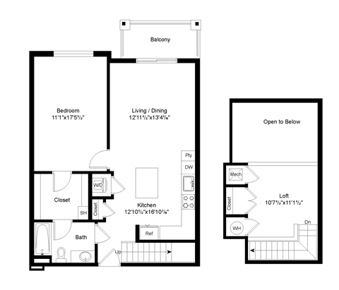 Floor plan for 1 bed, 1 bath, 1054 sqft